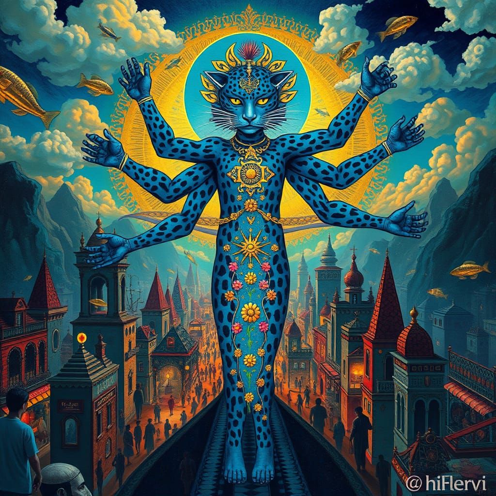 Mystical City of Blue Leopard Gods: A Surreal Vision