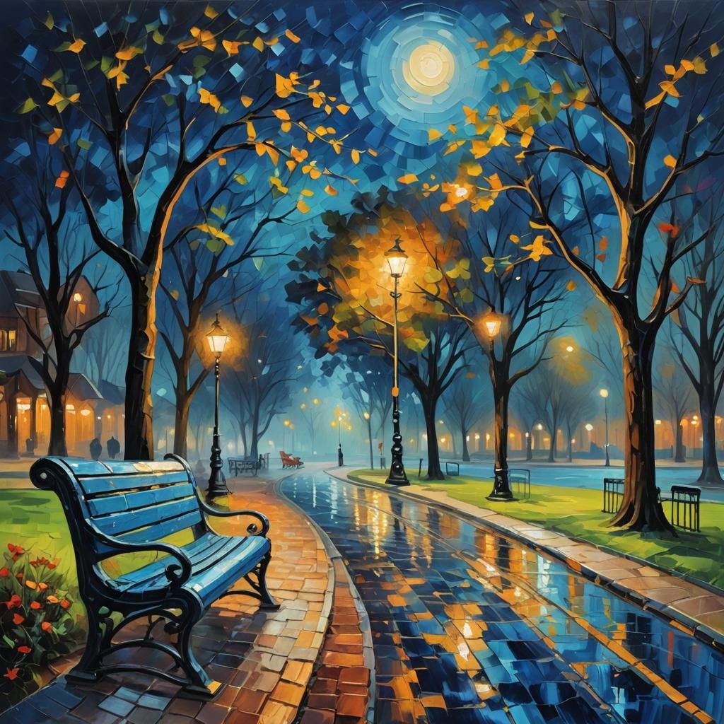 Moonlit Park Bench in Neo-Impressionist Style