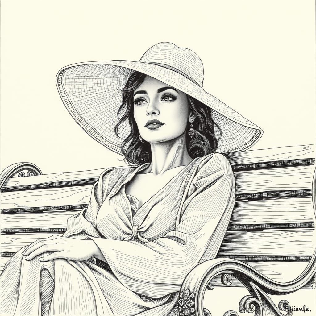Serene Woman in Whimsical Crosshatching Style
