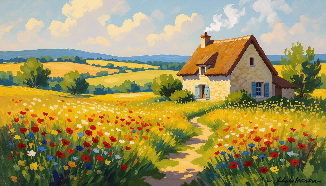 Sun-Drenched French Meadow with Wildflowers and Cottage