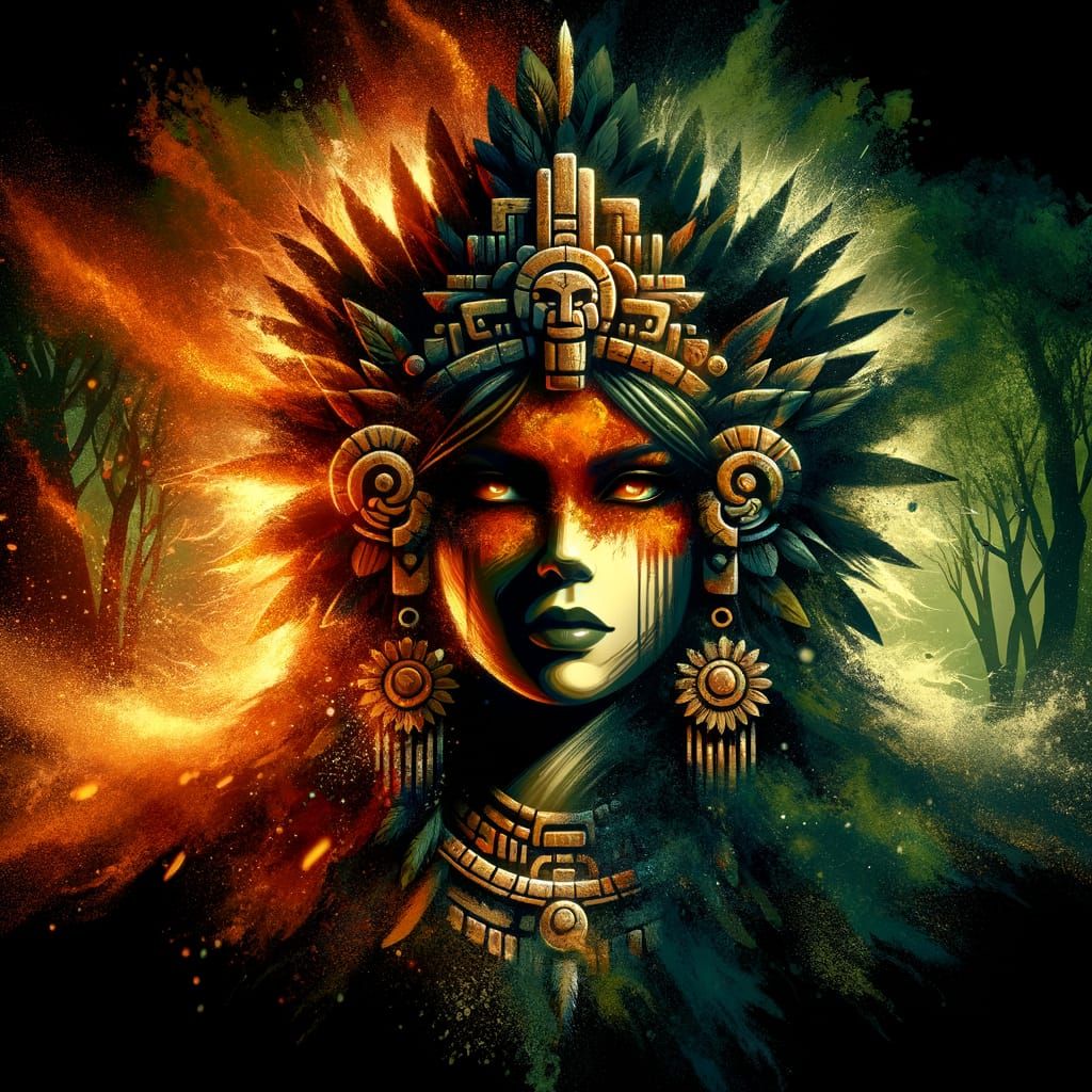 Mayan Goddess in Jungle, Splash-Art Style