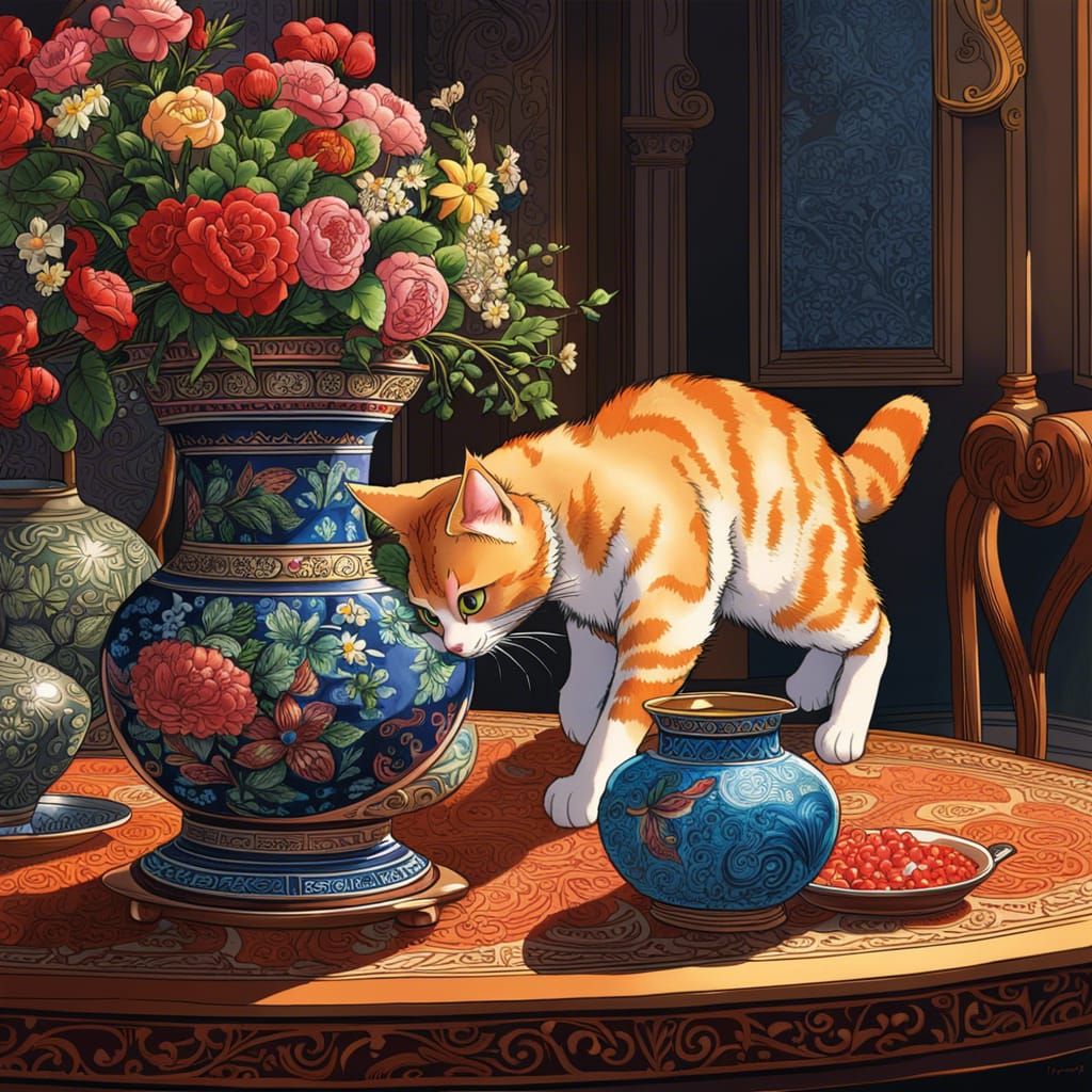 Anime Cat Mishap: Vase Tumbles Down