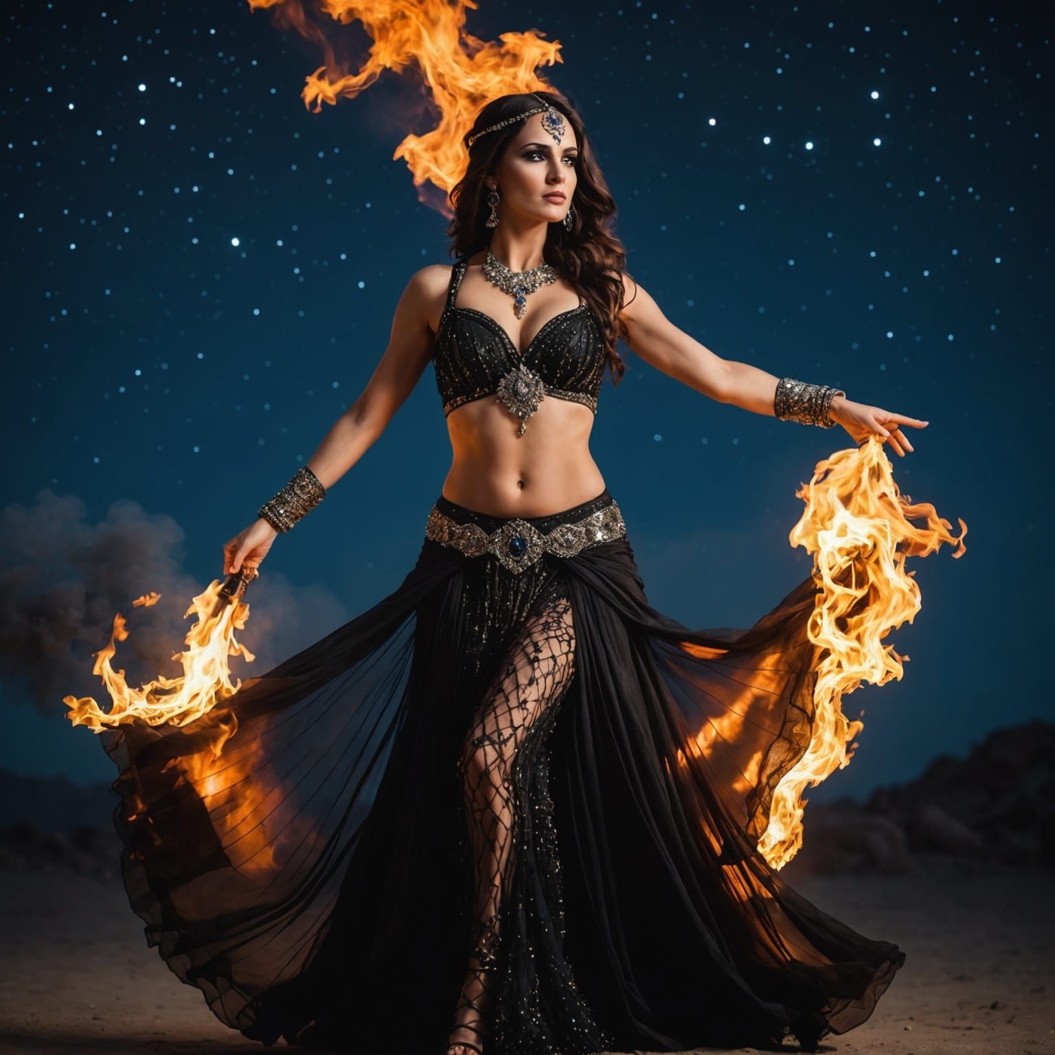 Gothic Belly Dancer in Dramatic Night Scene