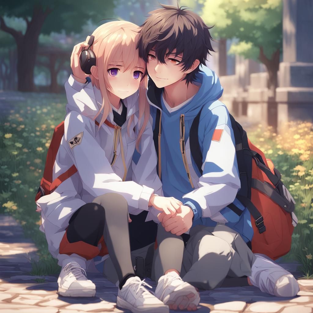 Anime Girl Hugging Boy Best Friend in 3D Style