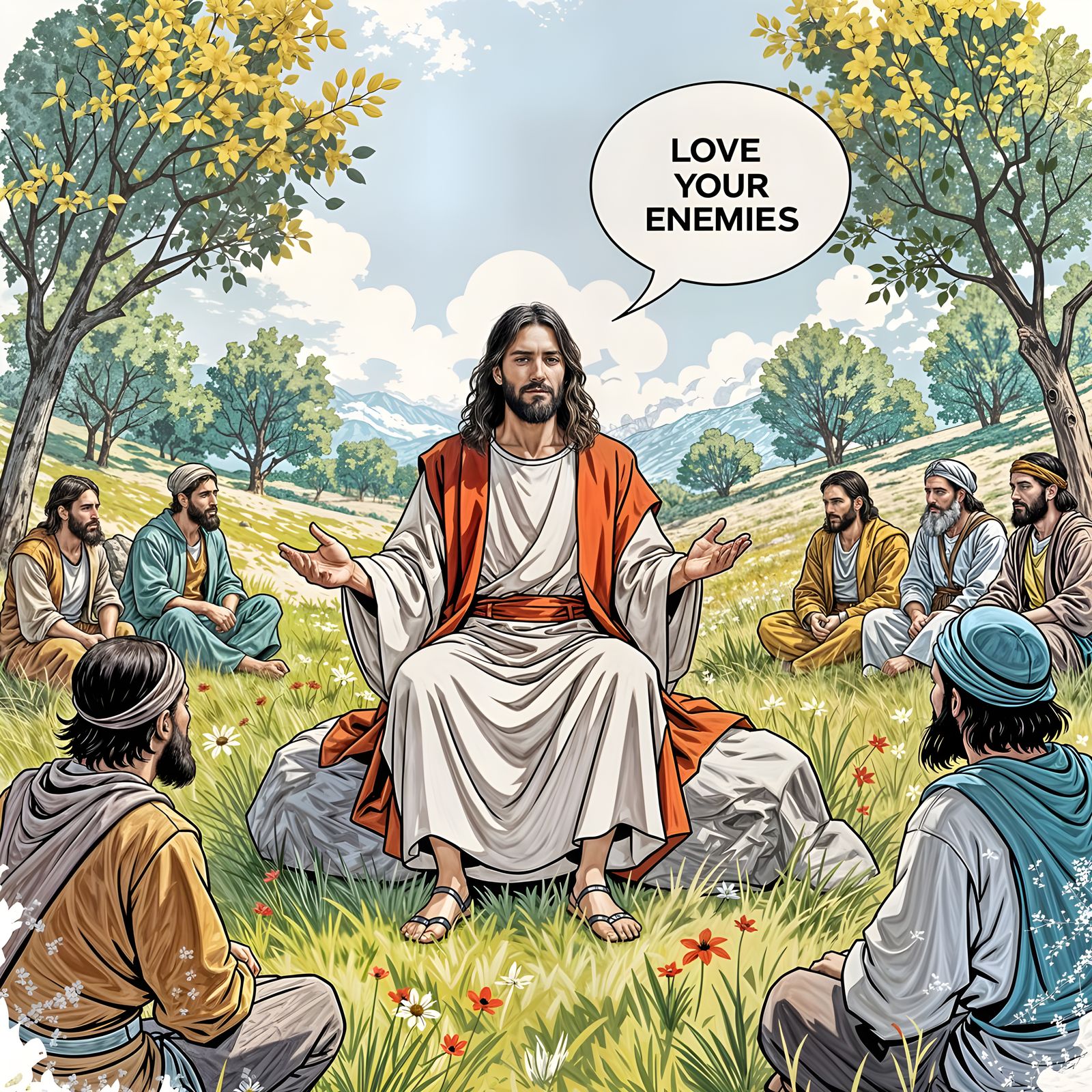 Jesus in Meadow Preaching Love