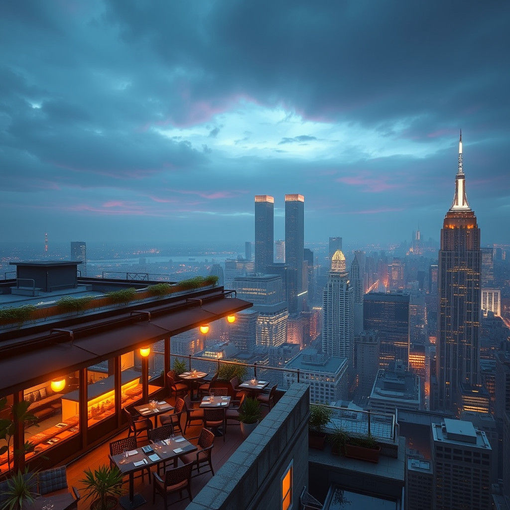 NYC Rooftop Cafe View with Twin Towers