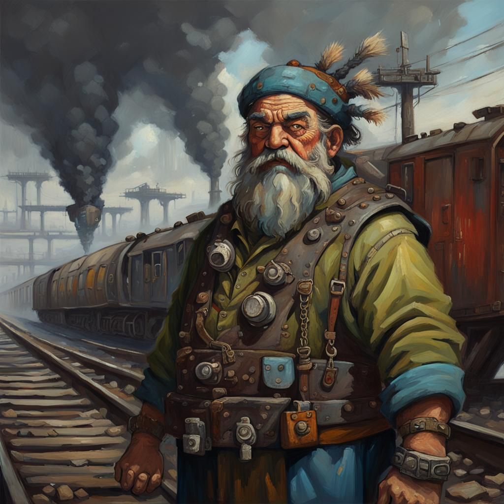 Dwarf Mechanic in Post-Apocalyptic Trainyard