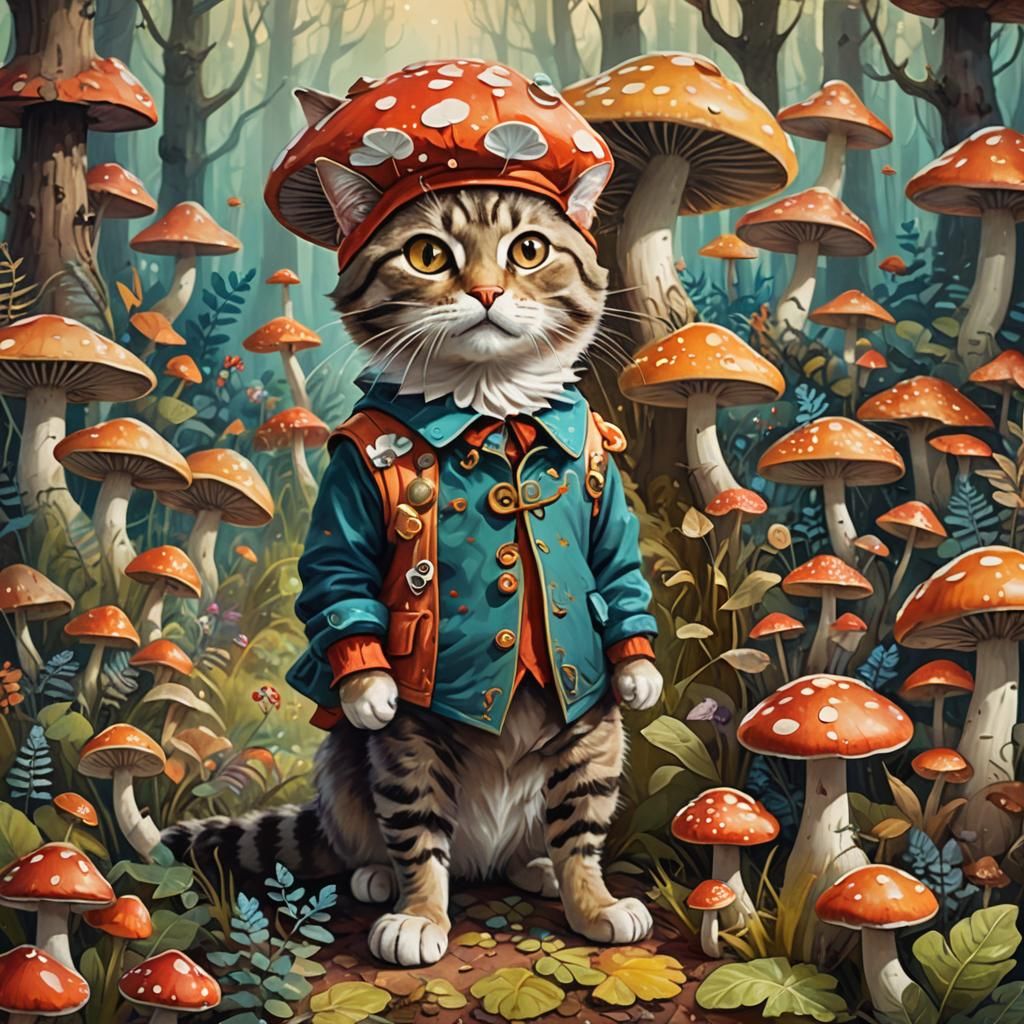Cat Dressed as Mushrooms in Fantasy Forest