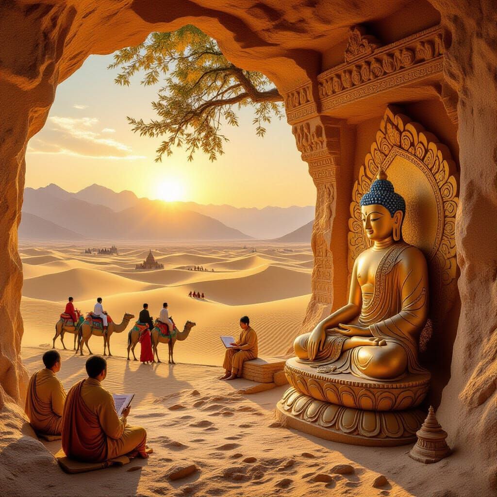 Silk Road Sunrise: Buddha Statue Amidst Desert Dunes
