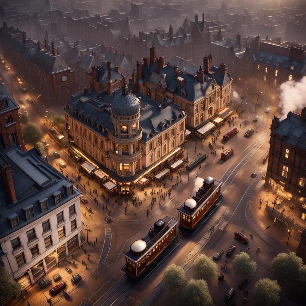 Steampunk Cityscape with Flying Vehicles at Dusk