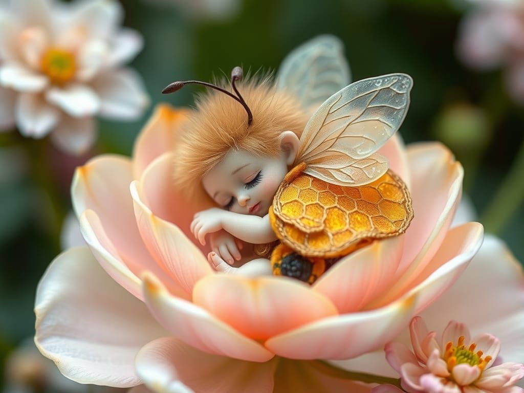 Tiny fuzzy bumblebee fairy sleeping curled up in a flower