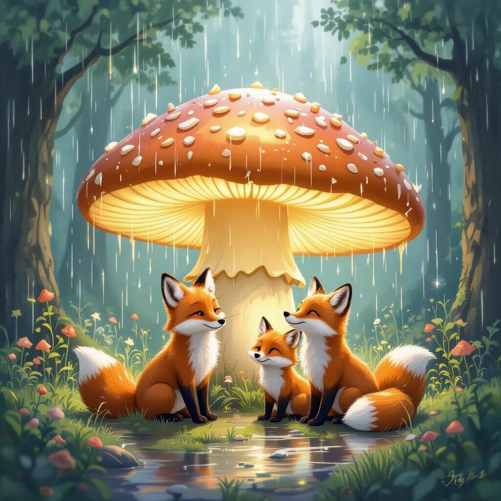 Fox Family Shelters Under Glowing Mushroom