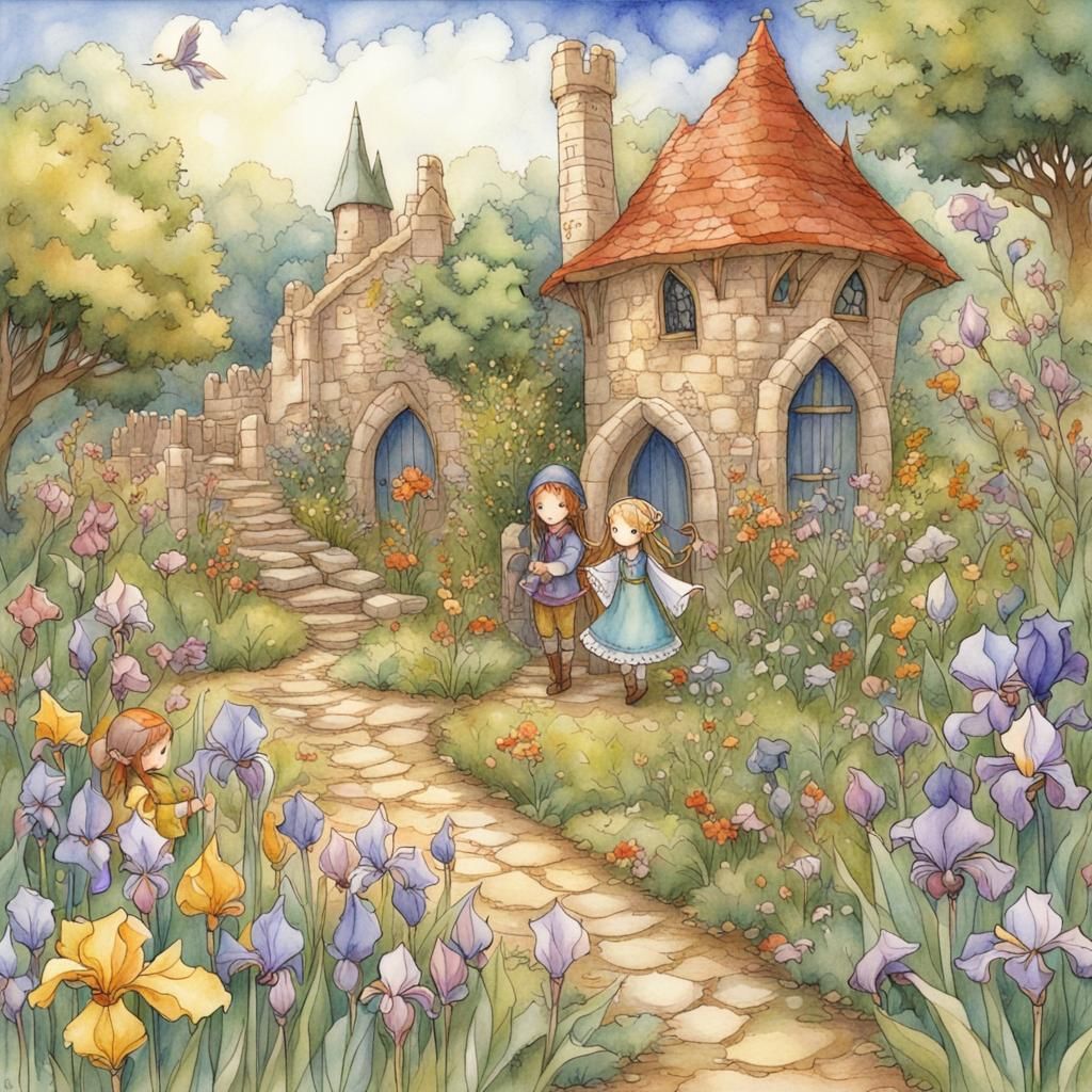 Chibi Medieval Garden Scene with Vibrant Florals