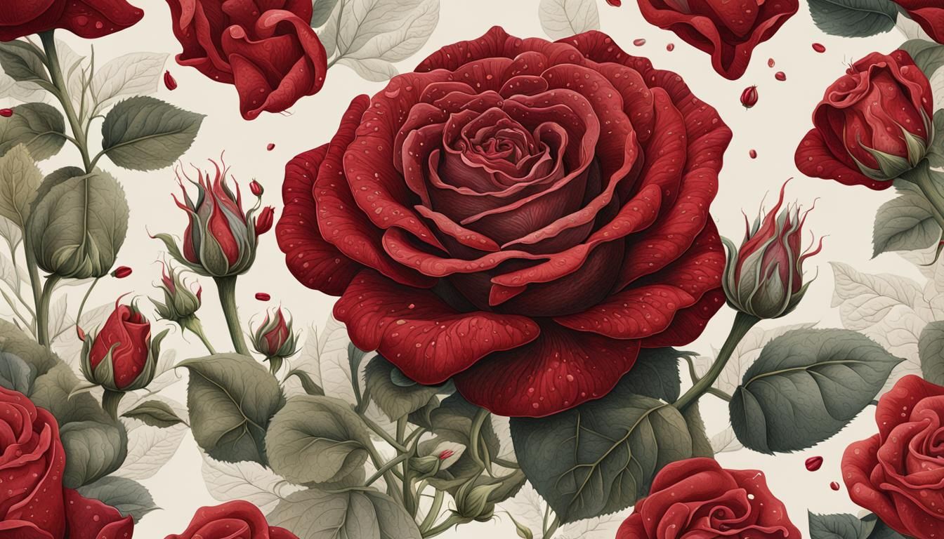 Red Rose Botanical Illustration in Ethereal Style