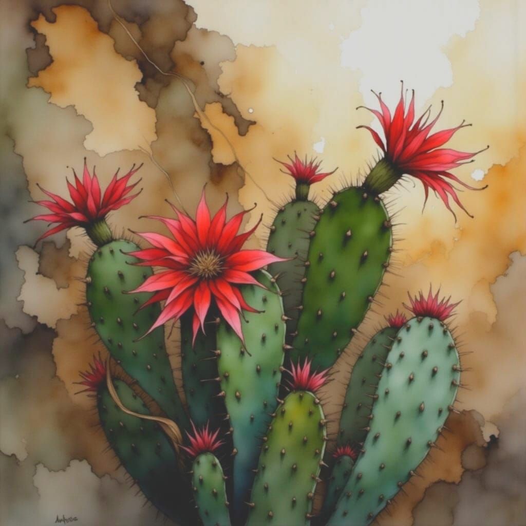 Cactus in Soft muted Winter Landscape Painterly Style