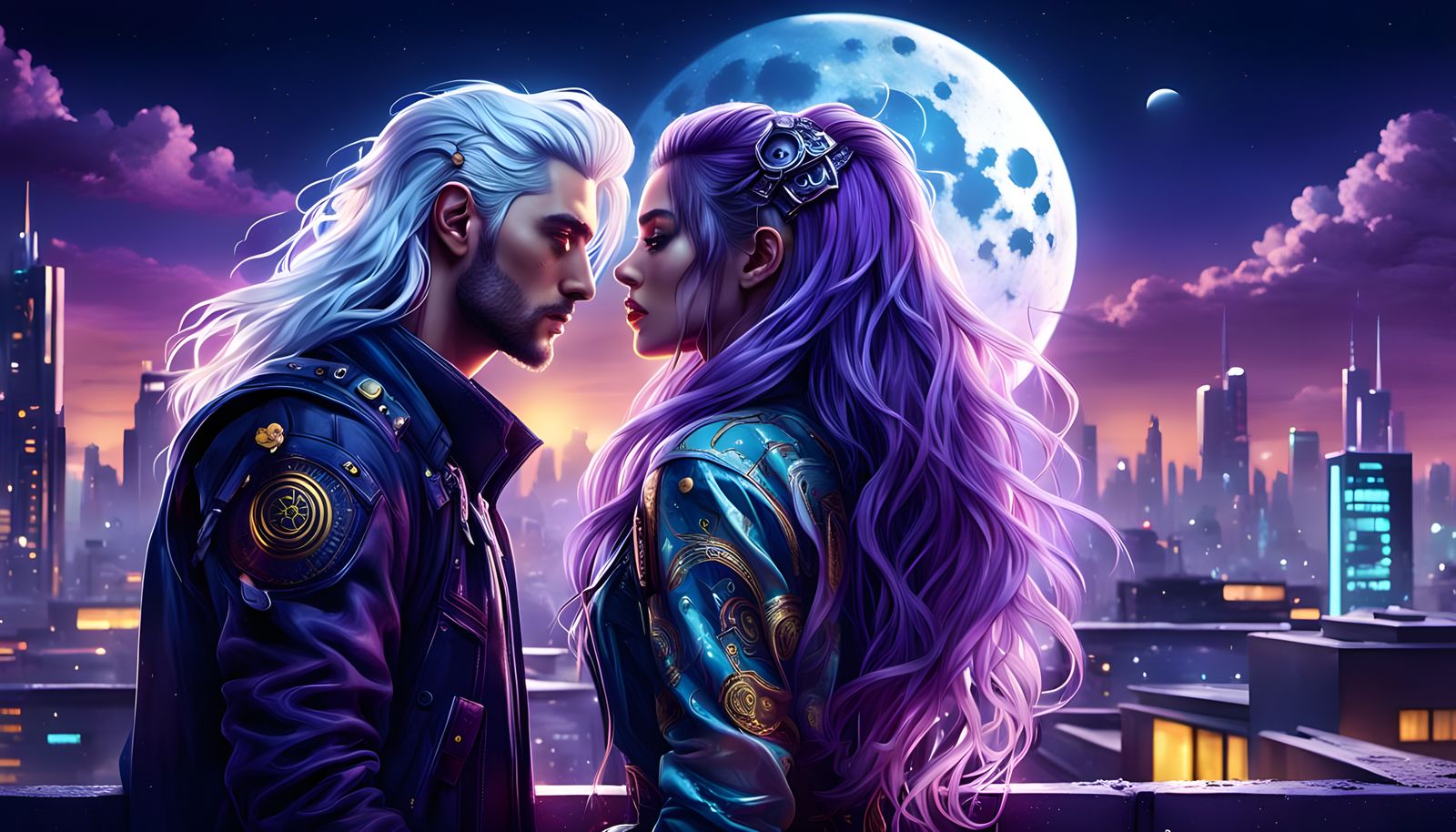 Cyberpunk Couple's Loving Embrace Under a Beaming Moon