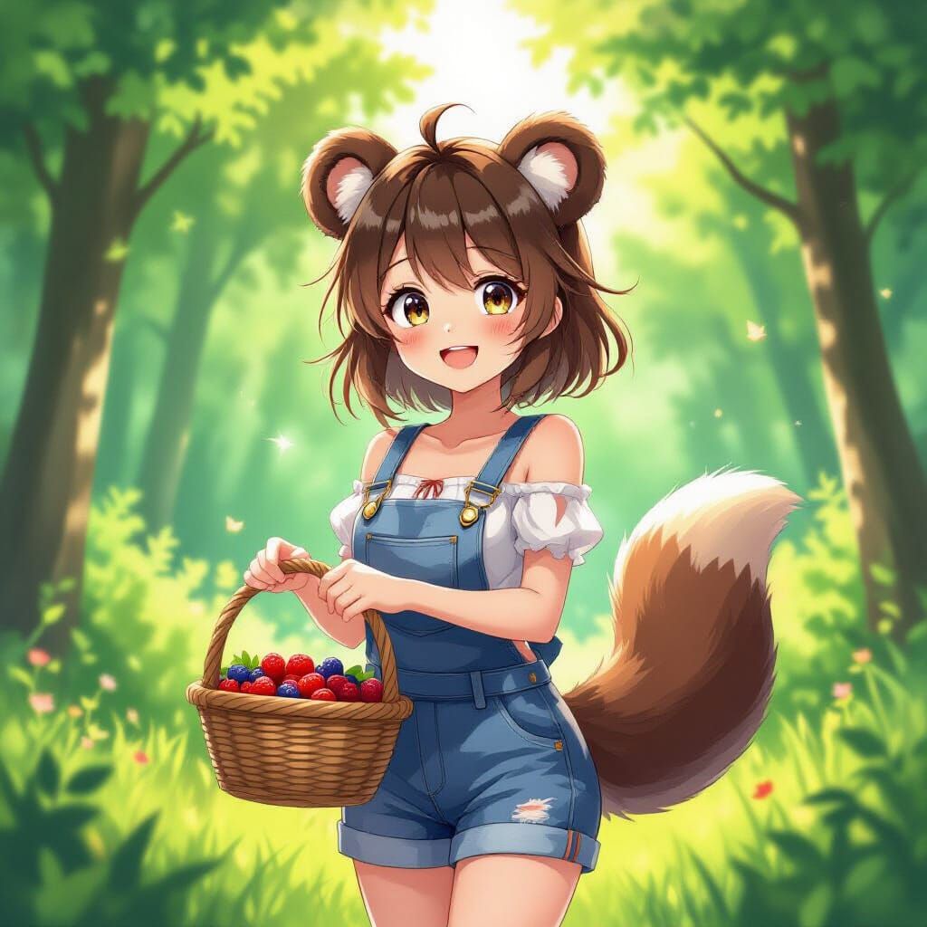 Anime Bear Girl in Sunny Forest Clearing