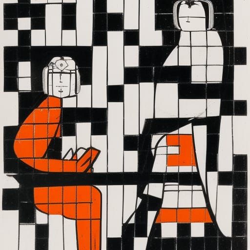 Meditators on Skateboard in Cave: Linocut Style