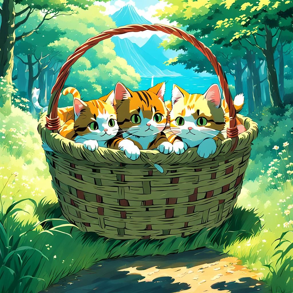 Kittens in a Basket: Studio Ghibli Anime Art
