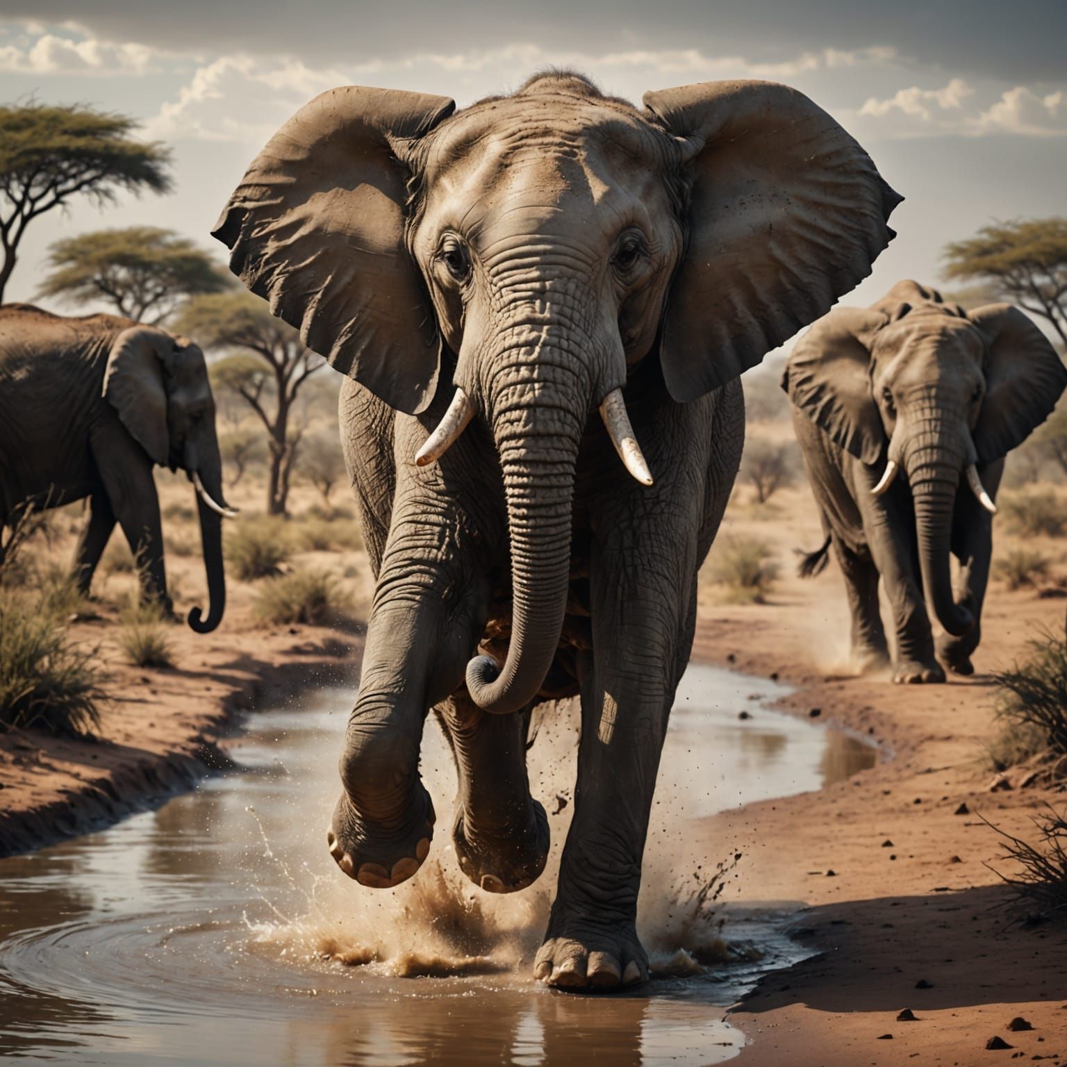 Baby Elephant Running Near Watering Hole