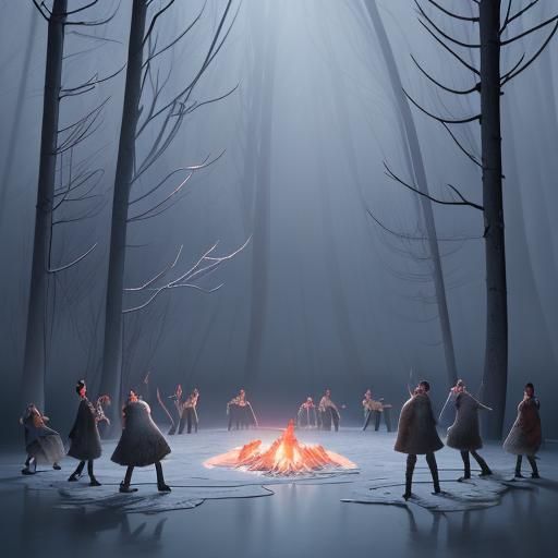 Winter Wiccas Dancing by Frozen Lake: Digital Matte Painting