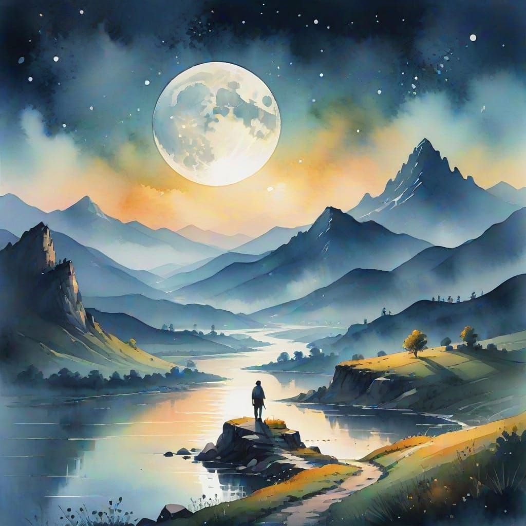Moonlit Figure in Watercolor Landscape Art