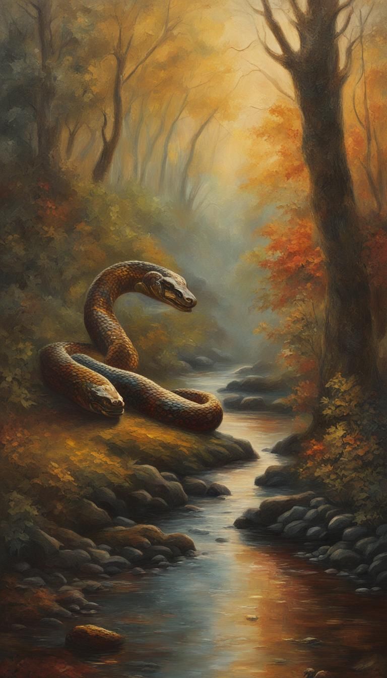 Anaconda in Amazonian Forest at Dusk: Oil Painting