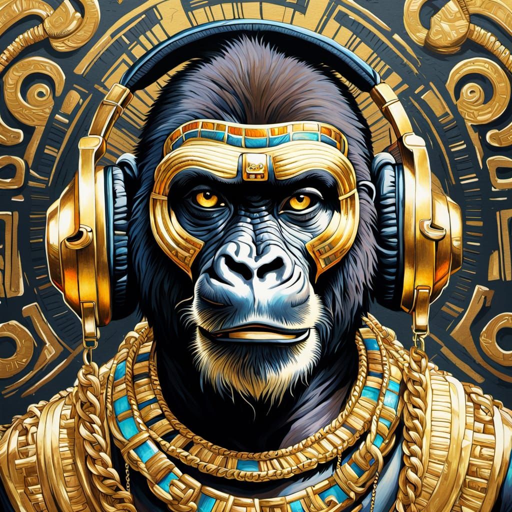 King Tut Gorilla Pharaoh in Vibrant Gouache Style