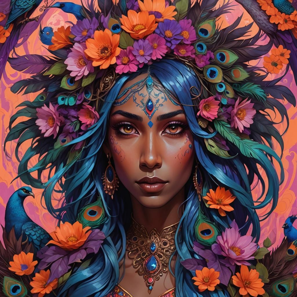 Fantasy Woman Portrait with Peacock Feathers, Art Nouveau St...