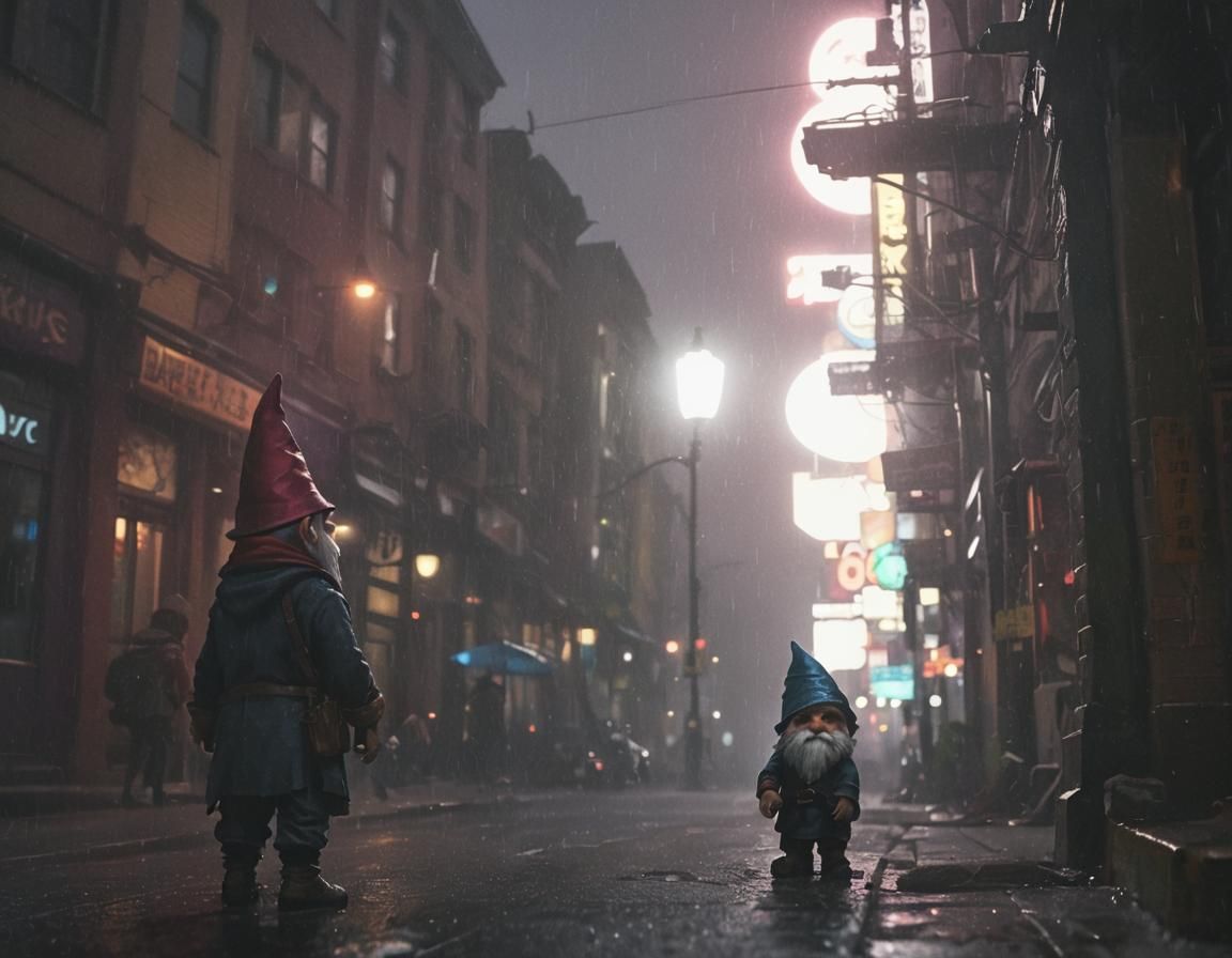 Gnome in City at Night: Vibrant Digital Art