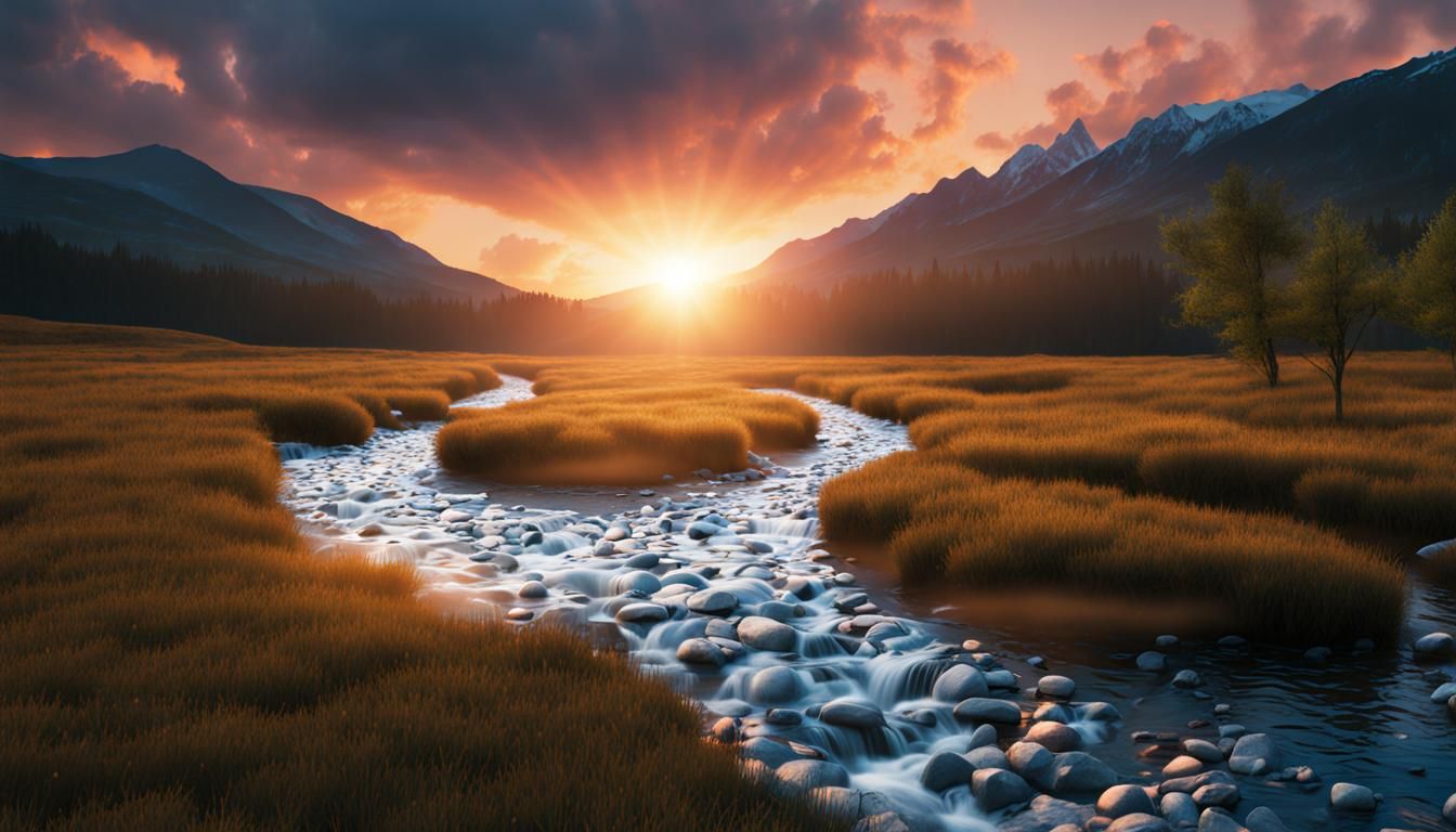 Sunset Mountain Stream with Matrix Code Glow