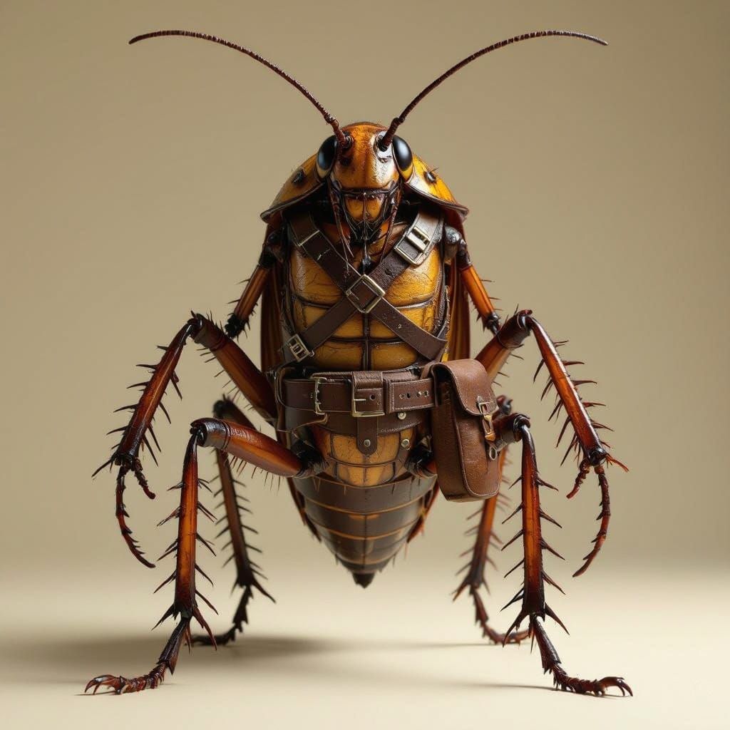 Humanoid Cockroach in Leather Harness, Hyperrealistic Style