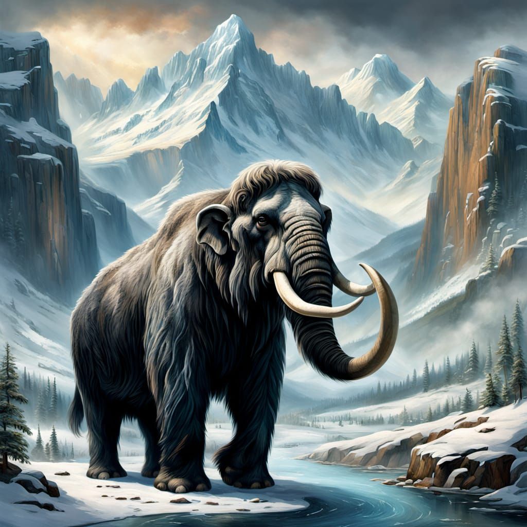 Majestic Mammoth in Snowy Valley: Photorealistic Digital Pai...