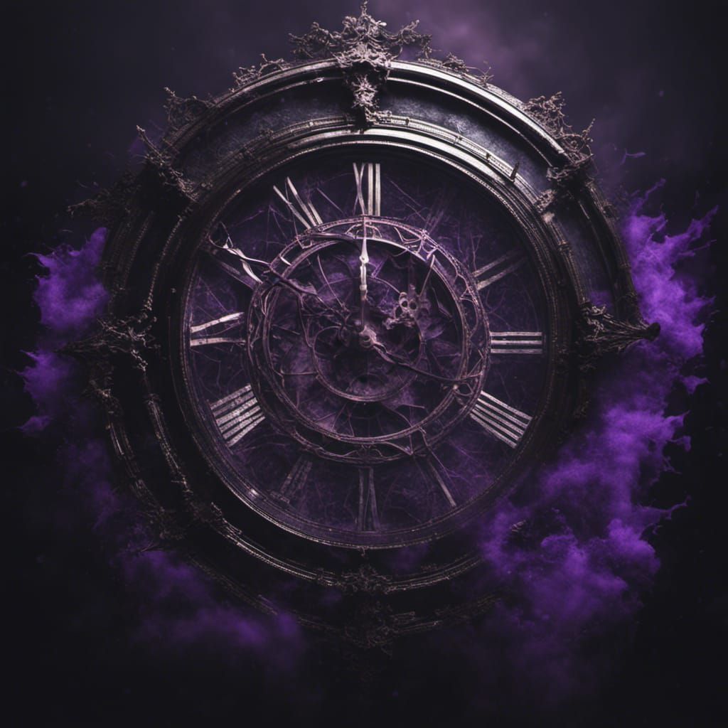 Shattered Clock in Purple Mist: Hyperrealistic Rendering