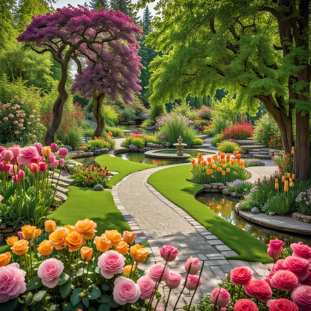 Enchanting Garden Scene with Vibrant Flowers and Waterfalls