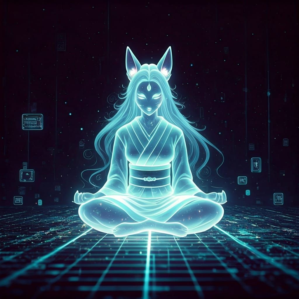 Bioluminescent Kitsune Meditating in Astral Cyberspace