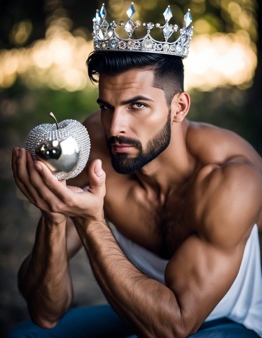 Attractive Man with Silver Crown Holding Apple