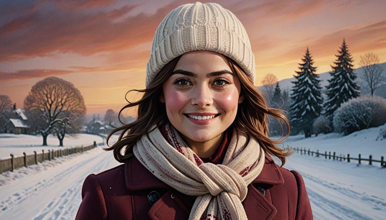 Jenna Coleman as Clara Oswald in Snowy Winter Sunset
