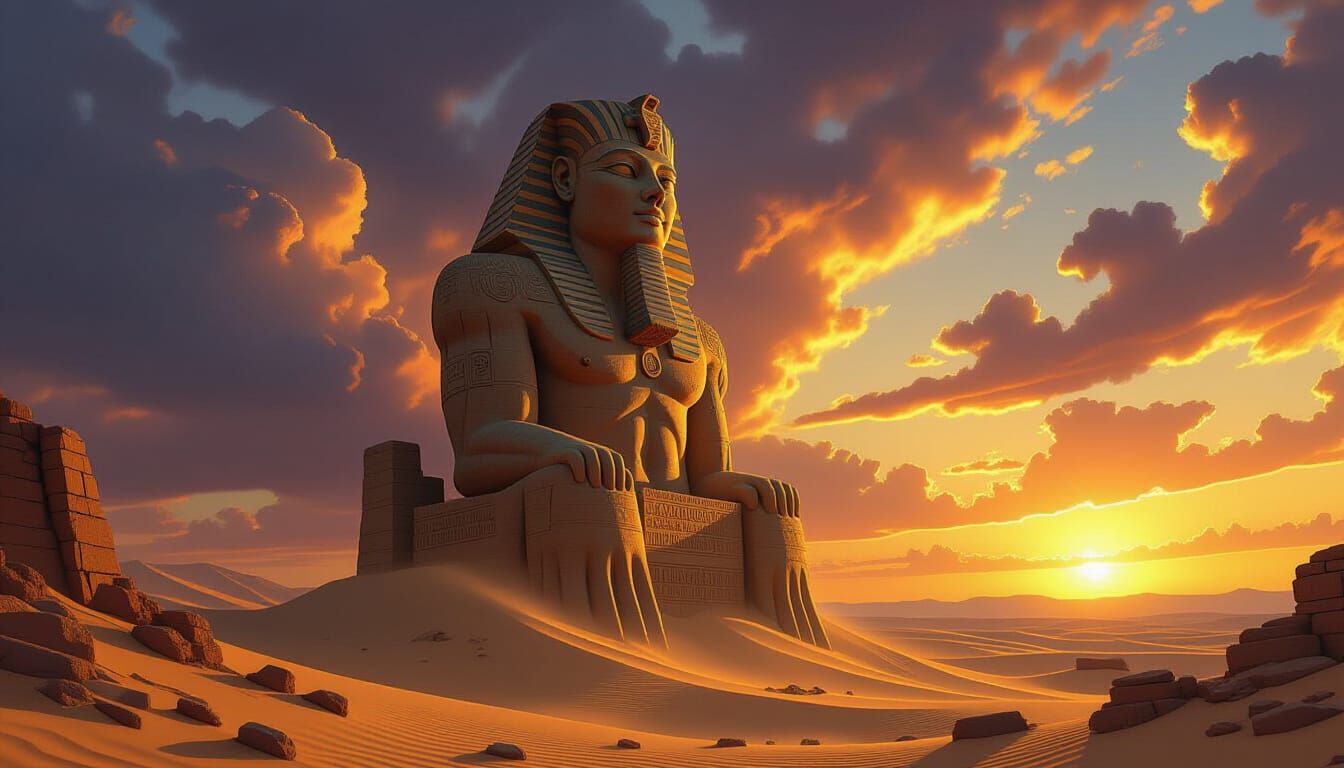 Colossal Sandstone Guardian at Sunset Fantasy Art