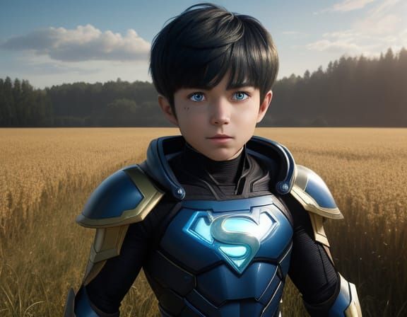 Child Superhero with Glowing Eyes in Dystopian Sunlight