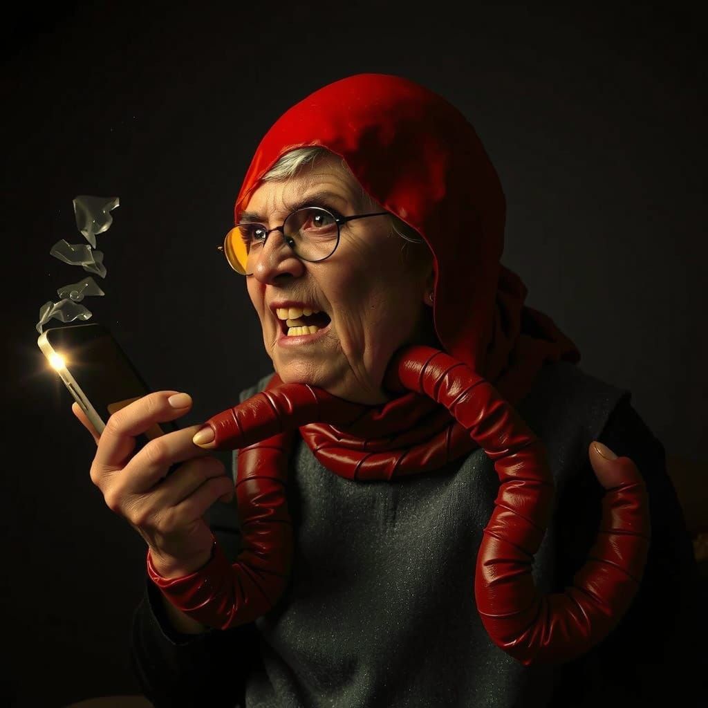 Elderly Woman Confused by Smartphone in Cozy Living Room