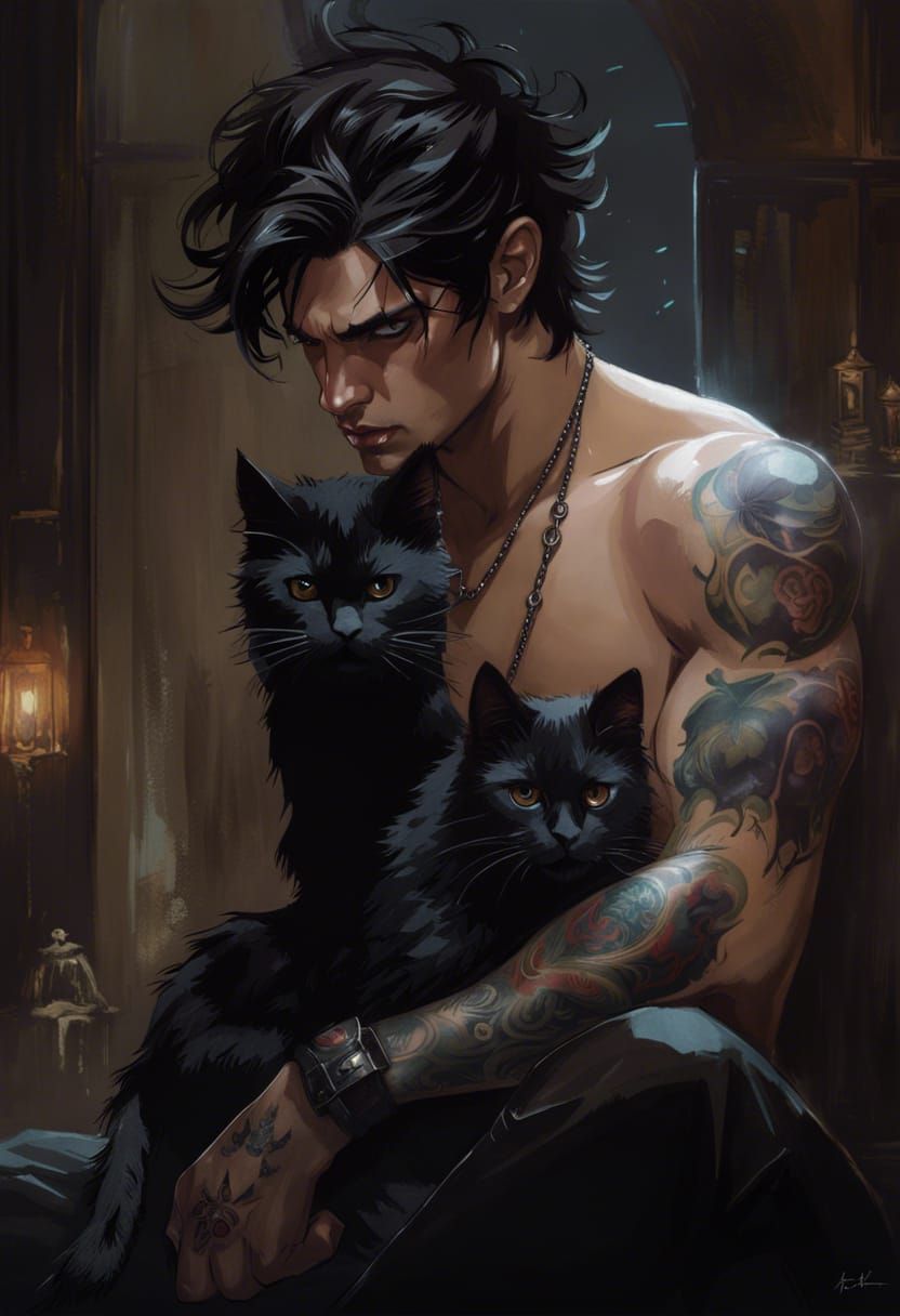 Handsome Badboy Model with Cat, Detailed Digital Art