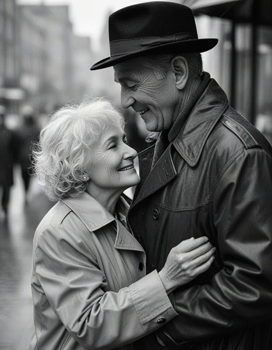 An elderly couple embracing tenderly dancing waltz in the mi...