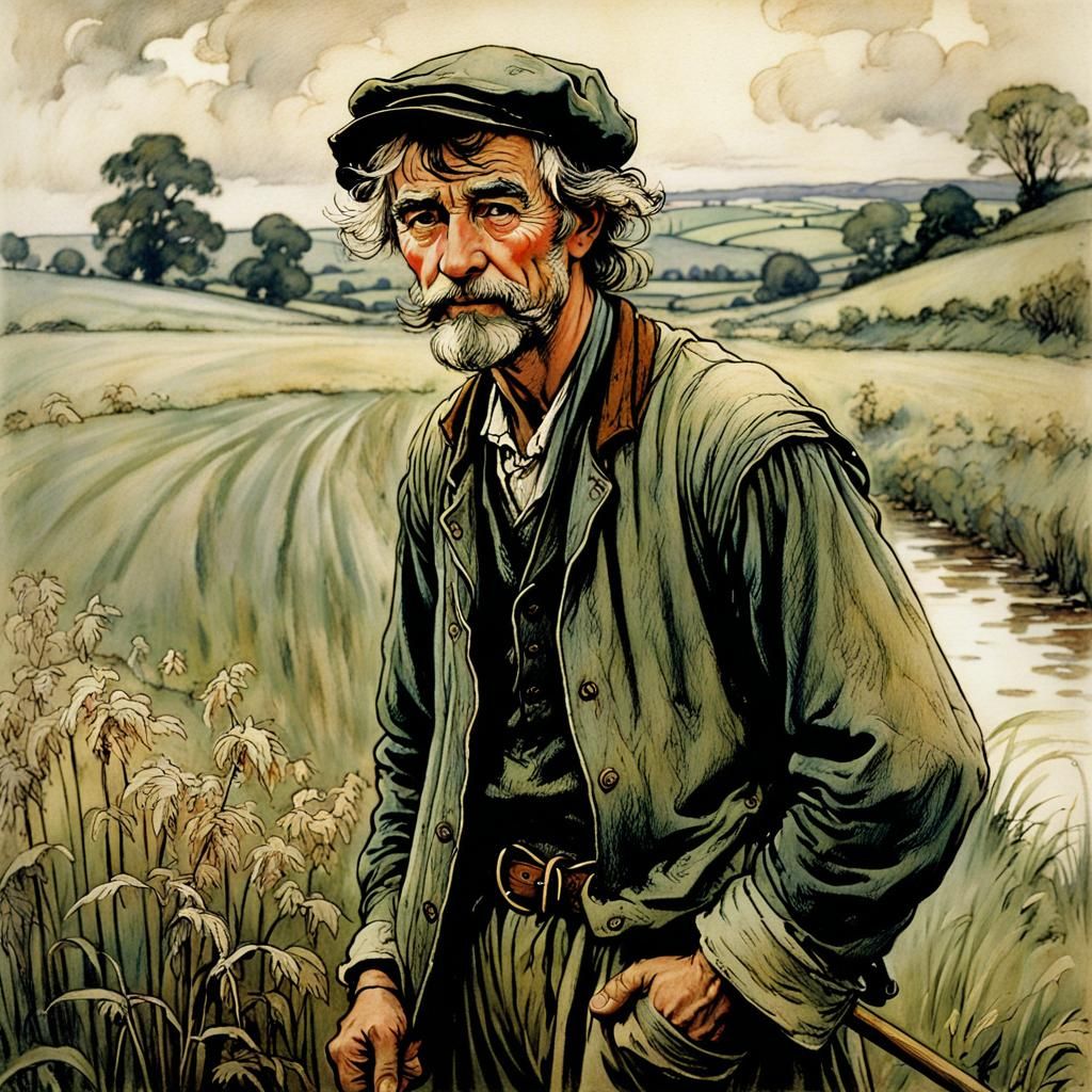 Peasant in Field: Arthur Rackham Storybook Style