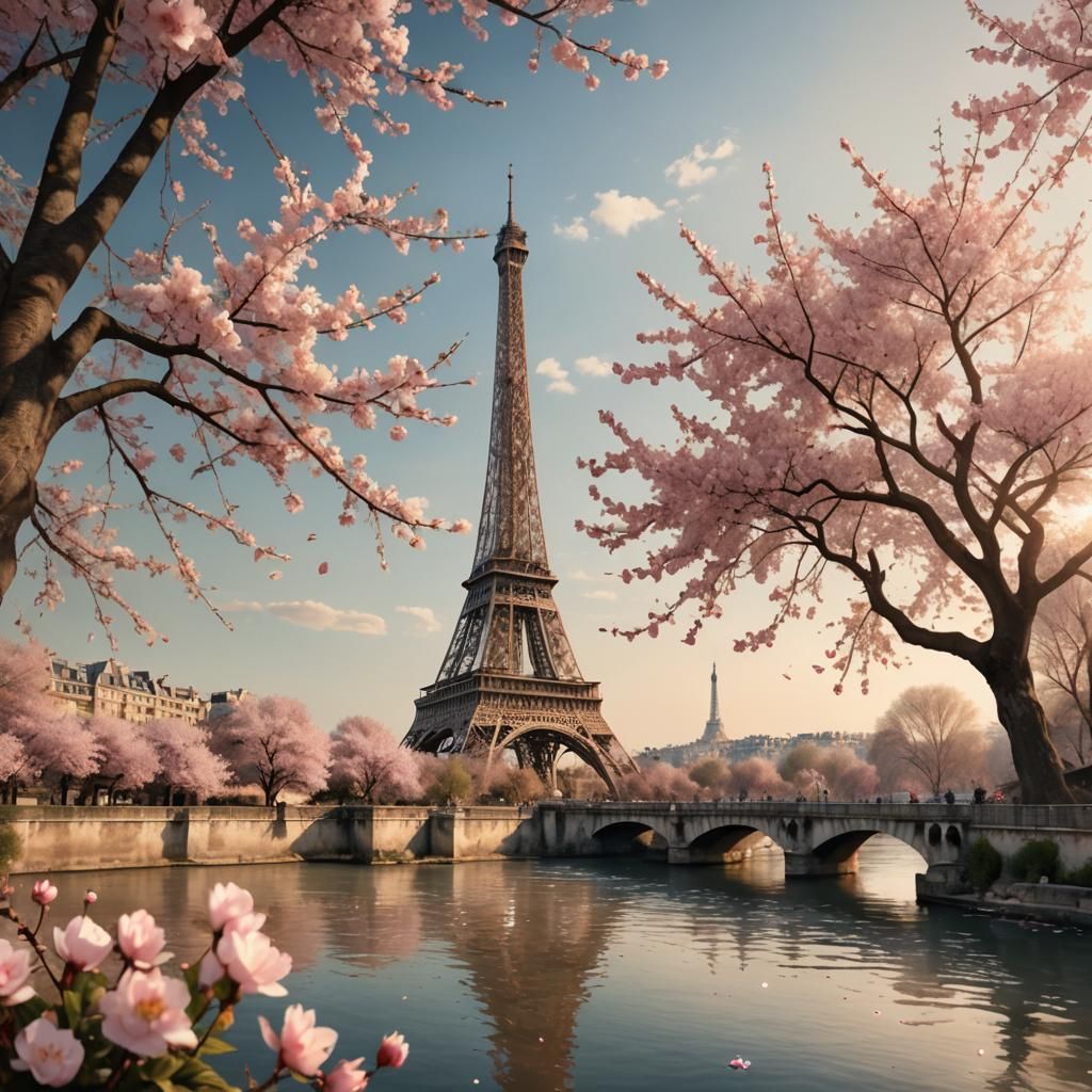Eiffel Tower with Cherry Blossoms: Magical Realism