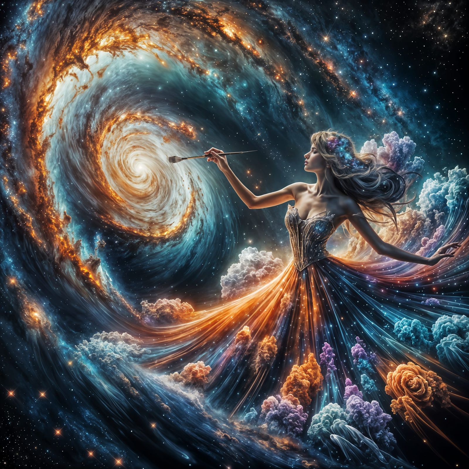Woman Creates Galaxy with Paintbrush in Space