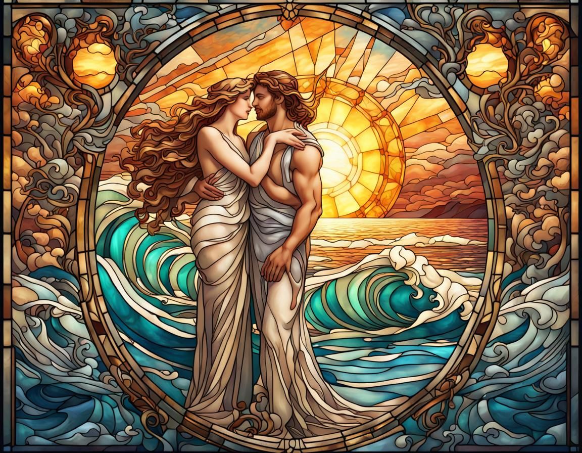 Adonis and Aphrodite in Art Nouveau Stained Glass