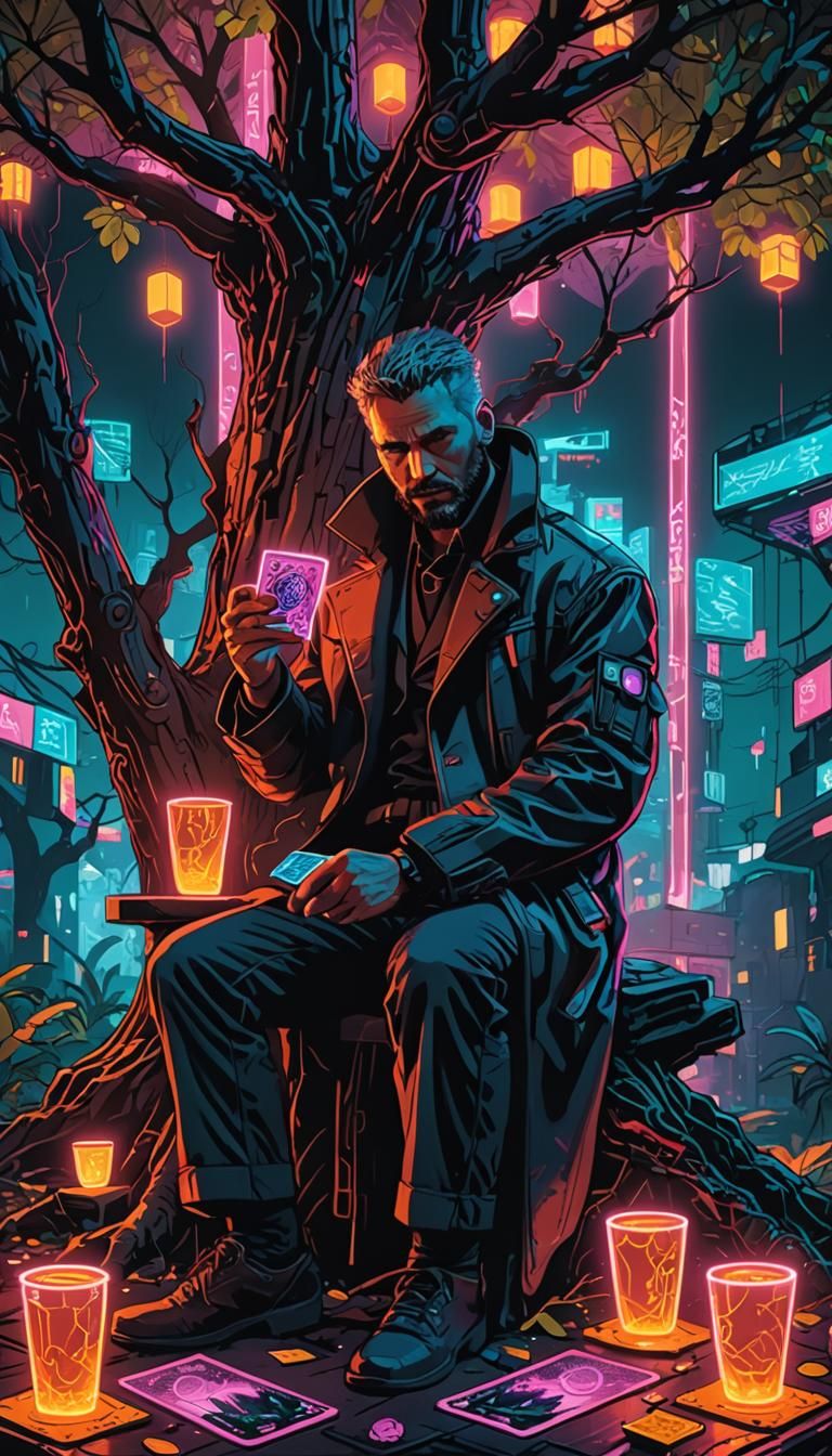 Cyberpunk Four of Cups Tarot Card Illustration