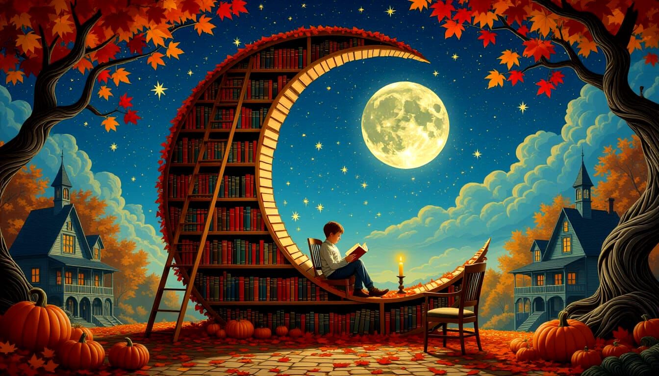 Surreal Autumn Library Moon Scene
