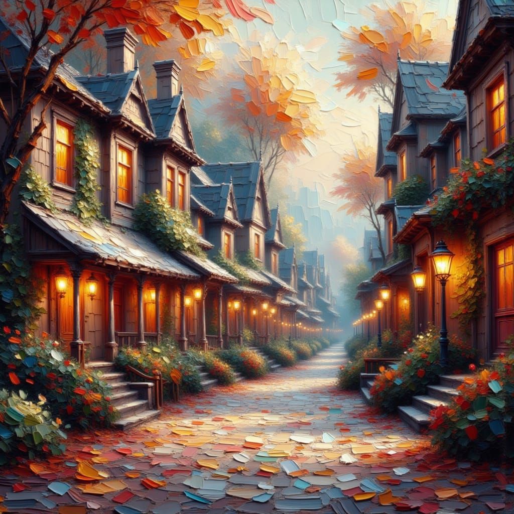 Autumn City Street with Glowing Lanterns in Impasto Style